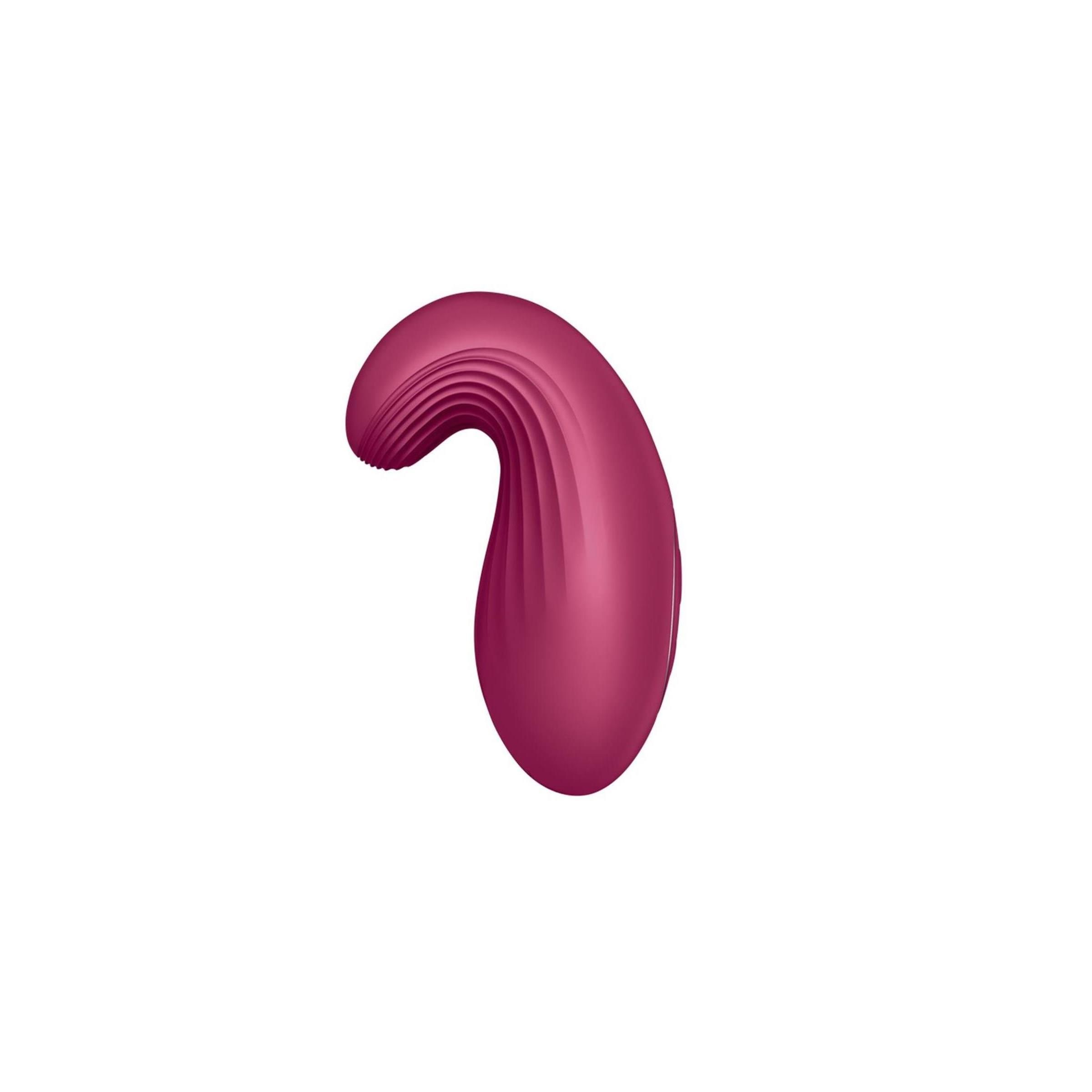 Burgunderfarbener Vibrator mit geschwungener Form. Oberteil mit geriffelter Oberfläche.