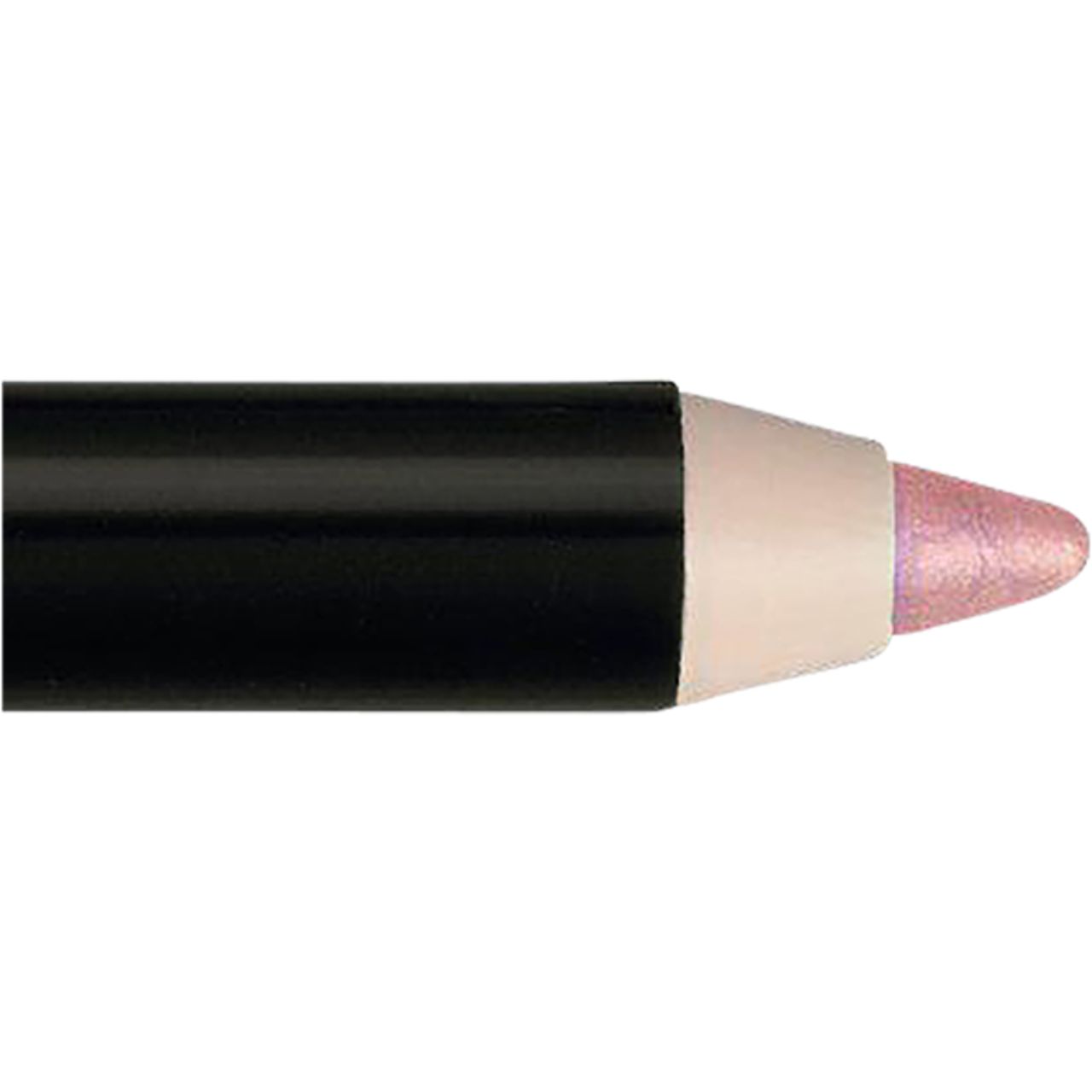 Nahaufnahme eines schwarzen Lipliners mit rosa Spitze. Der Stift hat eine weiße Spitze und eine rosa Mine.