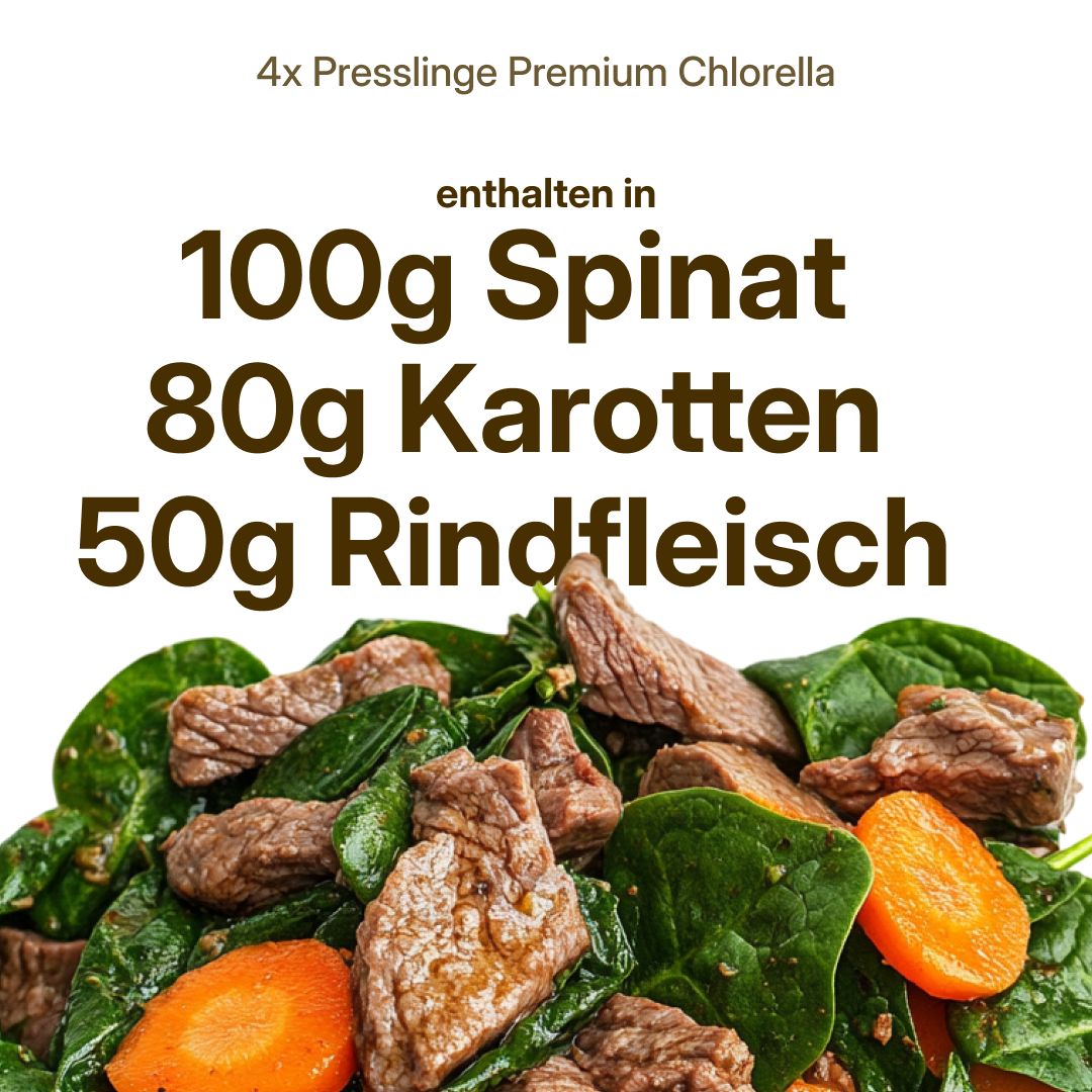 Zusammensetzung von 4 Presslingen Premium Chlorella. Enthält 100g Spinat, 80g Karotten, 50g Rindfleisch.
