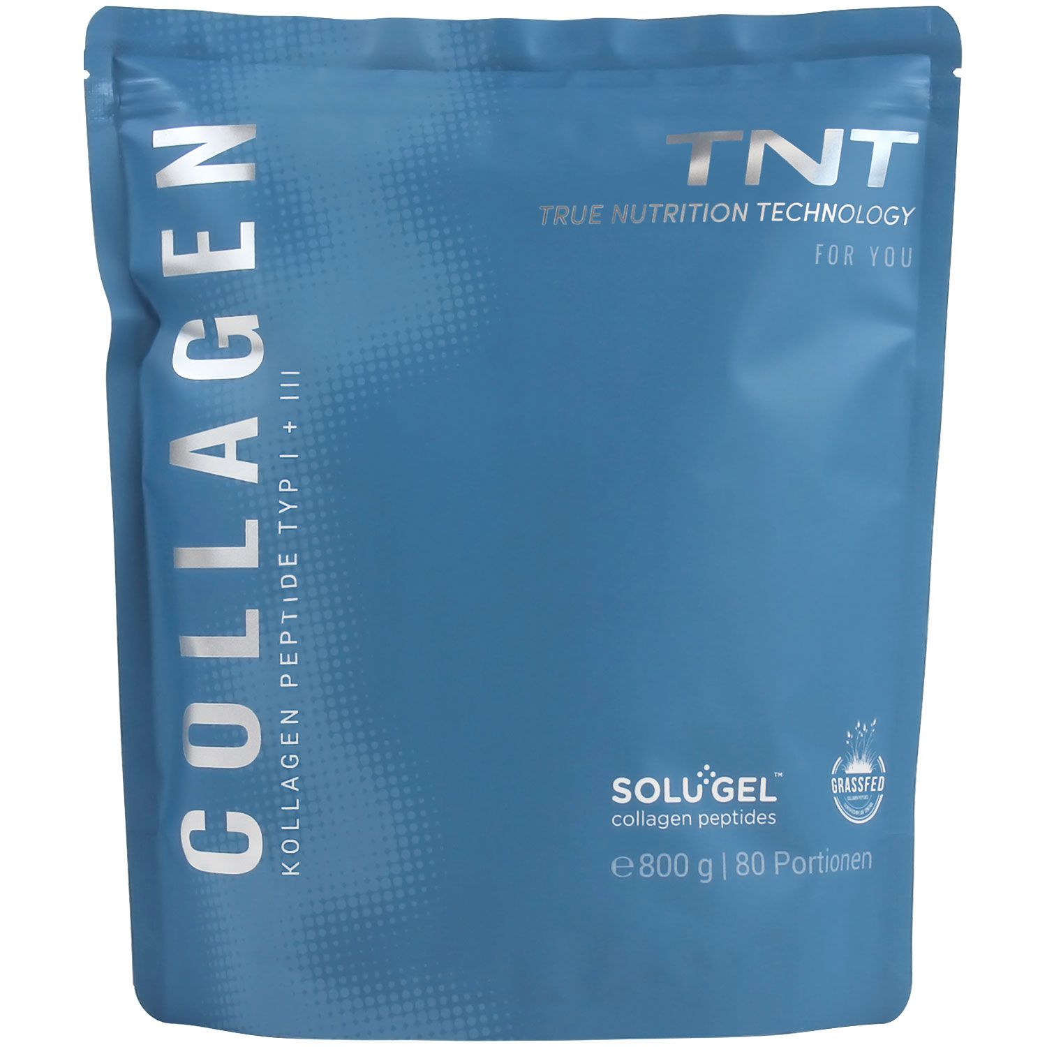 Blauer Beutel mit "COLLAGEN" und "TNT" Logo. Enthält Kollagen Peptide Typ I + III. "SOLU'GEL" und "800 g | 80 Portionen" sind ebenfalls sichtbar.