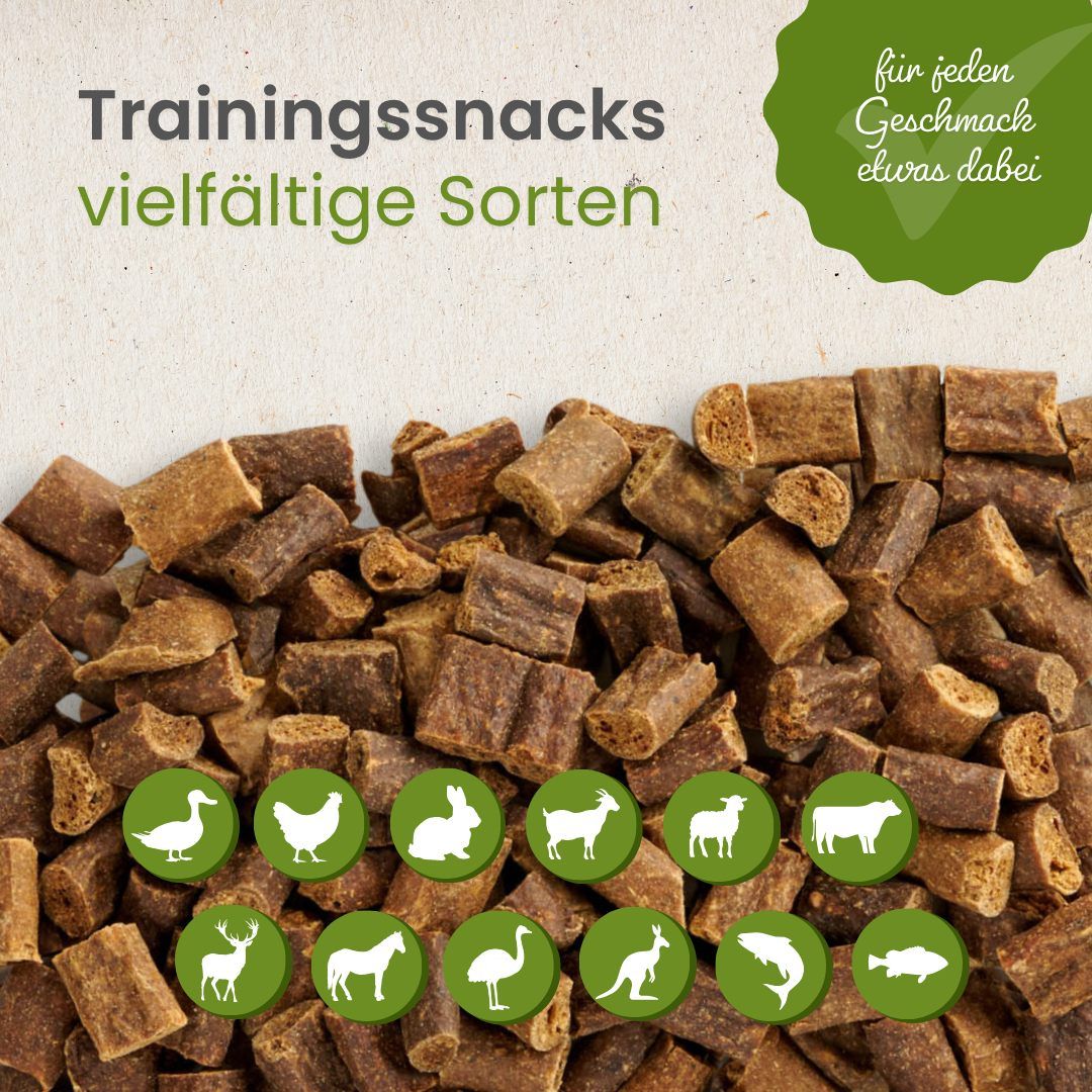 Haufen von kleinen, rechteckigen Trainingssnacks für Hunde, verschiedene Sorten.