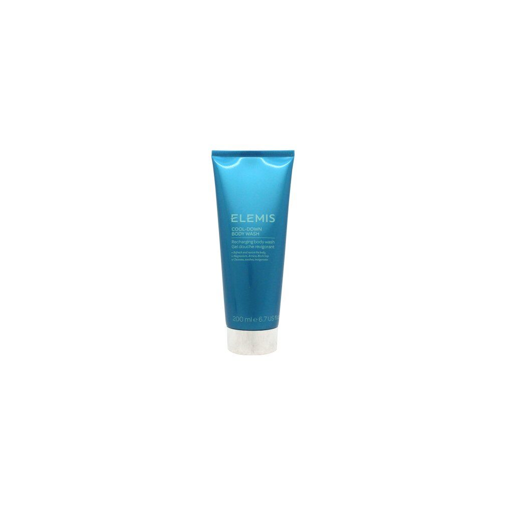 Blau-türkisfarbene Tube mit silbernem Verschluss. Aufschrift: Elemis Cool-Down Body Wash. Volumen: 200 ml.