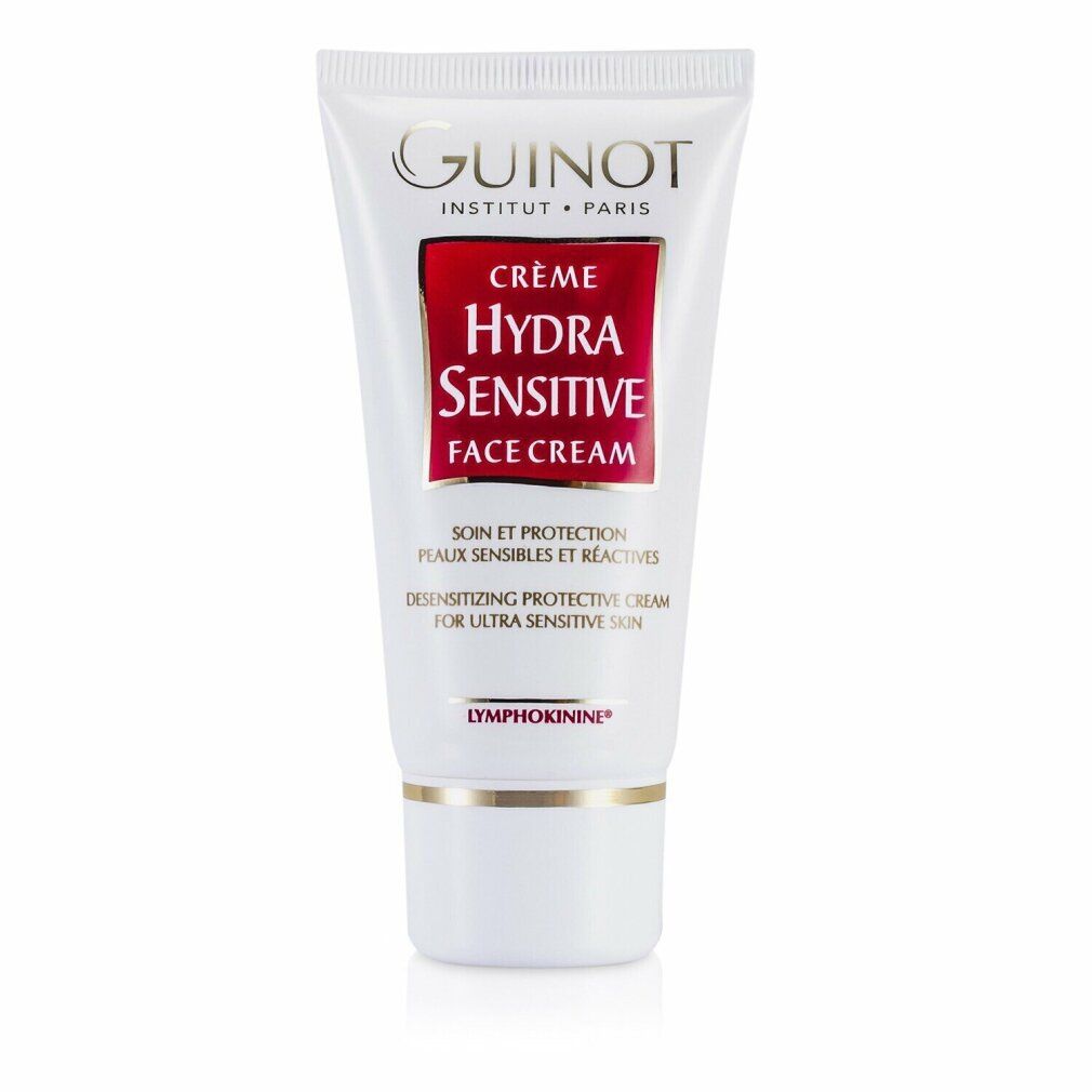 Weiße Tube mit rotem Etikett. Aufschrift: Crème Hydra Sensitive Face Cream. Marke: Guinot.