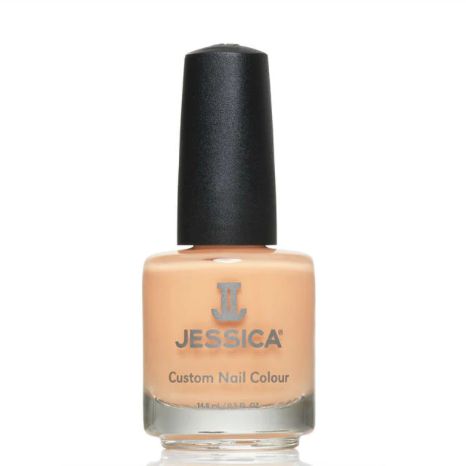 Nagellackflasche mit schwarzem Deckel. Aufschrift: JESSICA Custom Nail Colour. Farbton: Pfirsich.