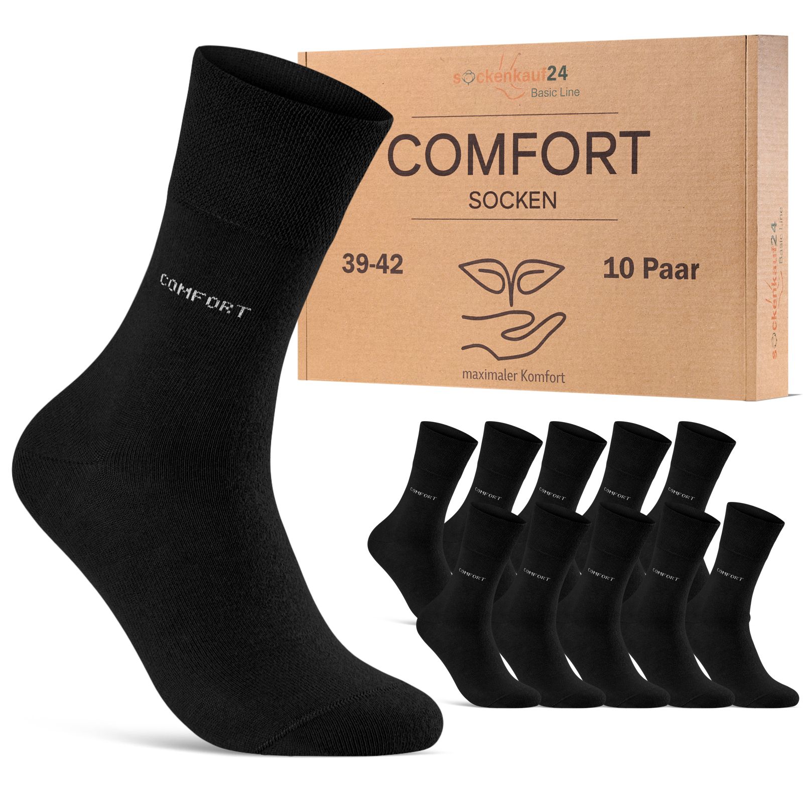 Schwarze Socken mit weißem "COMFORT" Schriftzug. Eine Packung mit 10 Paar Socken, Größenangabe 39-42. Aufschrift "COMFORT Socken".