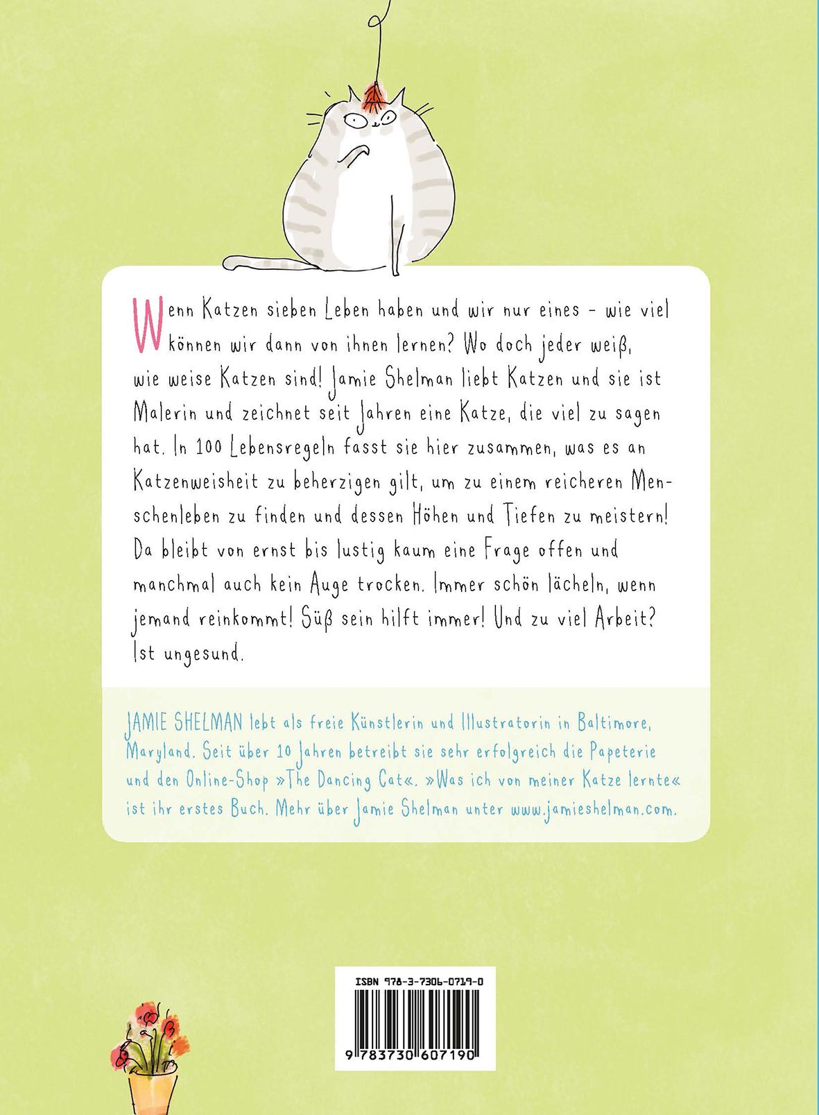 Buchrückseite mit Text. Titel "Was ich von meiner Katze lernte". Autor Jamie Shelman. Hintergrund grün, Katze-Illustration.
