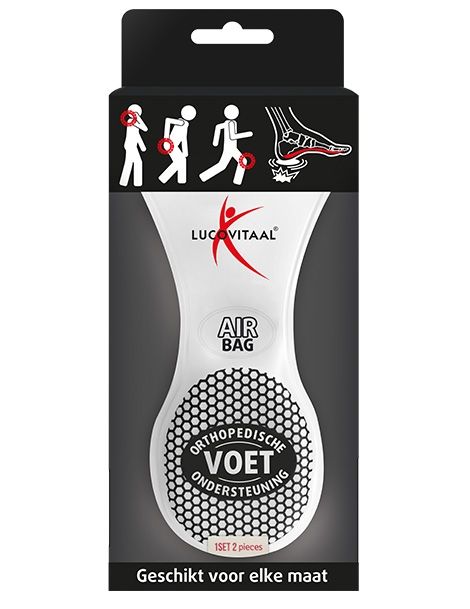 Emballage de support de pied orthopédique. Boîte noire avec image et texte du produit. Logo "Lucovitaal" et texte "Air Bag".