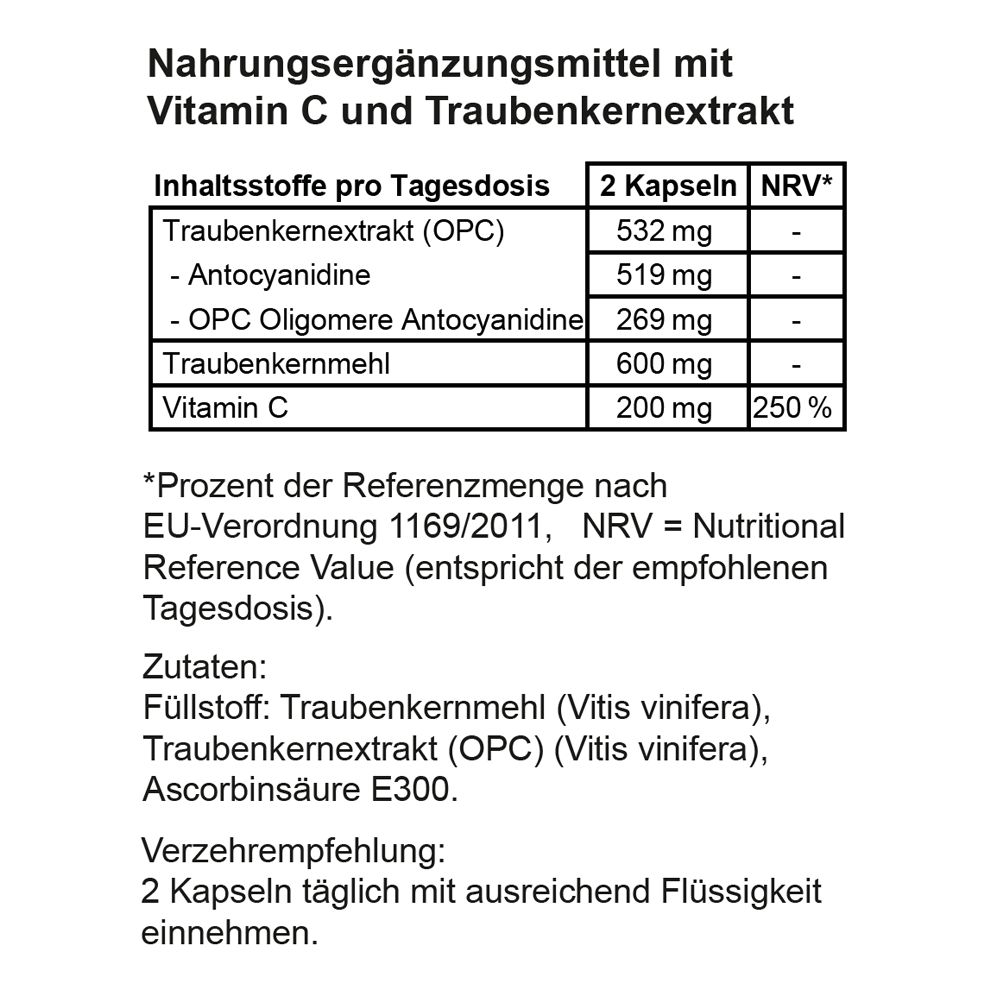 Nahrungsergänzungsmittel-Tabelle mit Inhaltsstoffen und Nährwertangaben. Enthält Traubenkernextrakt, Vitamin C und weitere Inhaltsstoffe.