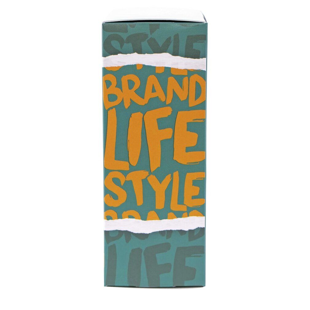 Verpackung mit grünem Hintergrund und orangefarbenem Text. Schriftzug "BRAND LIFE STYLE".