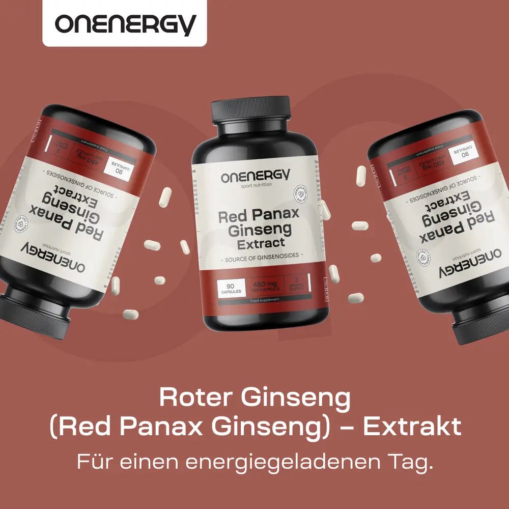 Drei Flaschen Roter Ginseng-Extrakt. Aufschrift: OnEnergy, Red Panax Ginseng Extract. Für einen energiegeladenen Tag. Kapseln liegen daneben.
