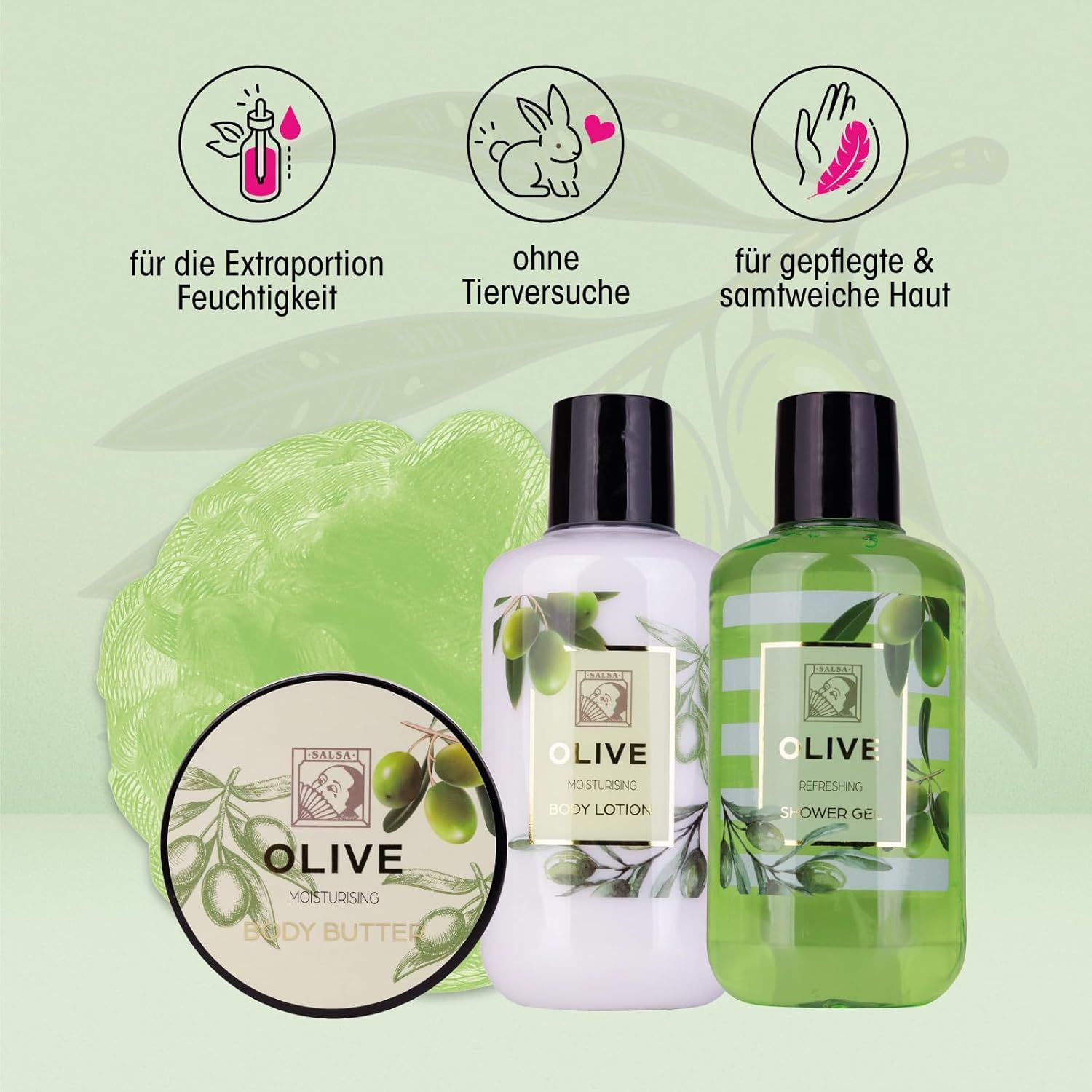Olive-Produkte: Bodylotion, Duschgel und Body Butter. Abgebildet sind Symbole für Feuchtigkeit, tierversuchsfrei und weiche Haut.