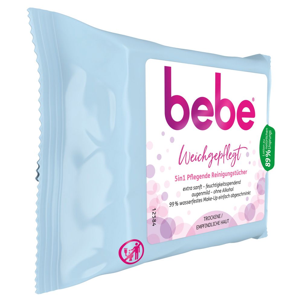 Hellblaue Verpackung mit "bebe"-Logo und "Weichgepflegt"-Schriftzug. Reinigungstücher, 5in1, extra sanft, feuchtigkeitsspendend.