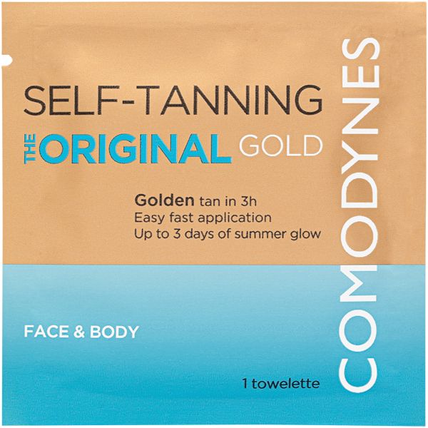 Einzelne Selbstbräunungstuch-Verpackung. Marke Comodynes. Aufschrift: Self-Tanning, The Original Gold. Für Gesicht & Körper.