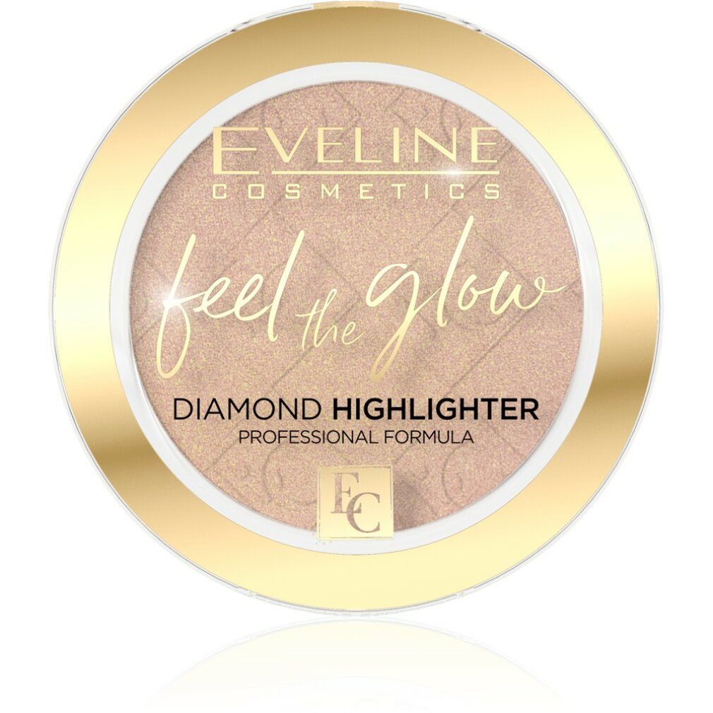 Runder Highlighter-Puder mit goldfarbenem Rand. Aufschrift: Eveline Cosmetics, feel the glow, Diamond Highlighter, Professional Formula.