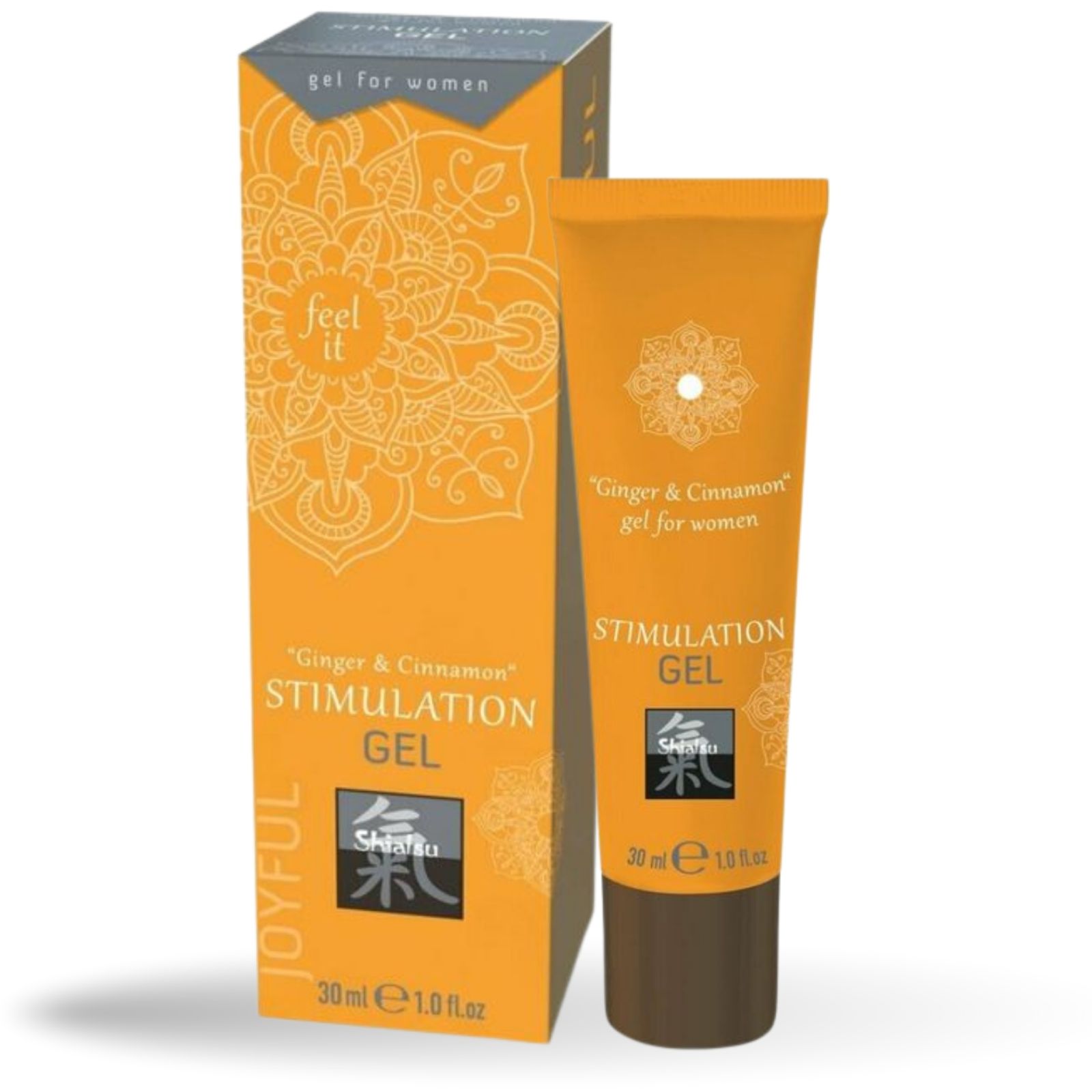 Stimulationsgel mit Ingwer & Zimt. Orange Tube und Schachtel. Enthält 30ml. Marke: Shiatsu.