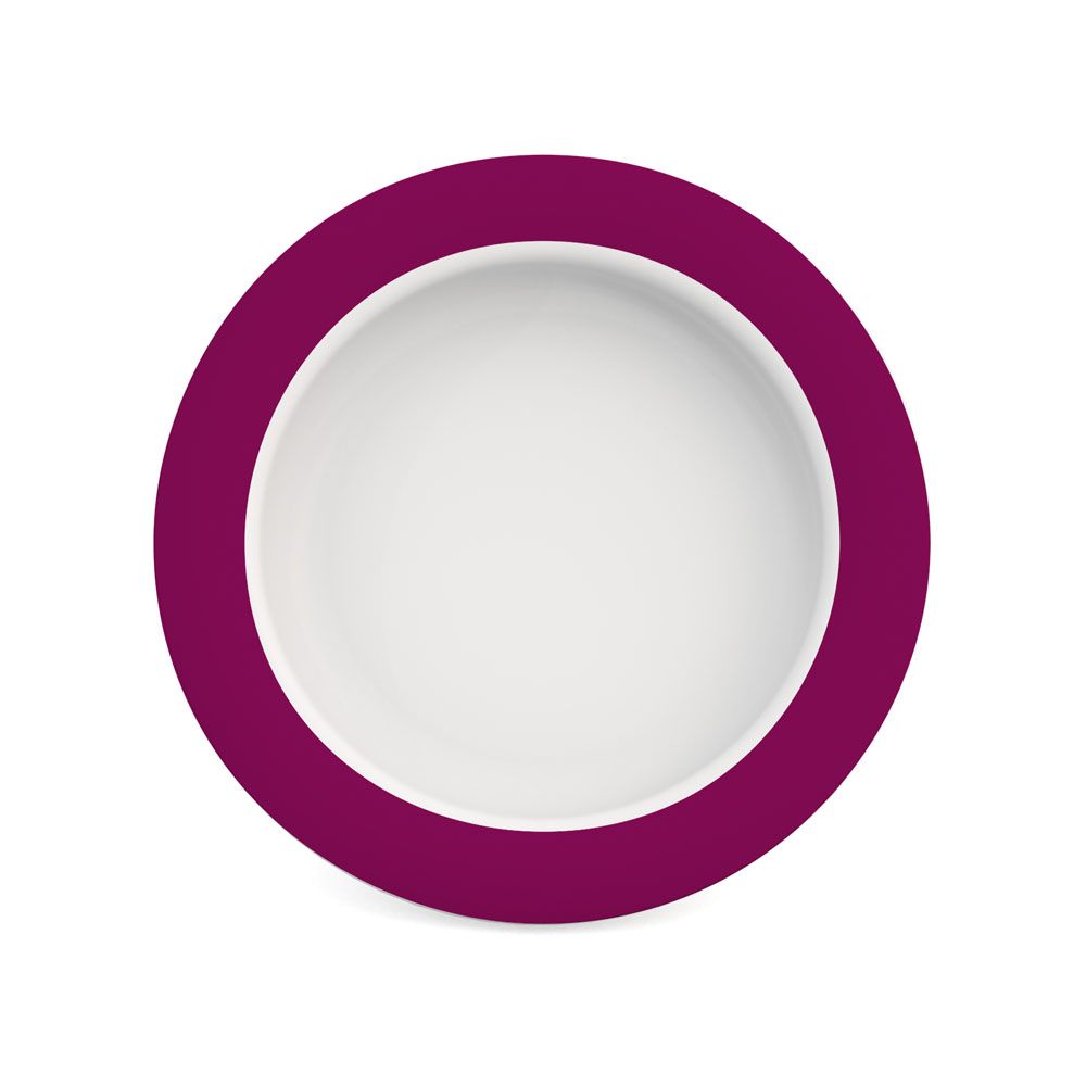 Runder Teller mit weißer Innenfläche und einem violetten Rand. Draufsicht.