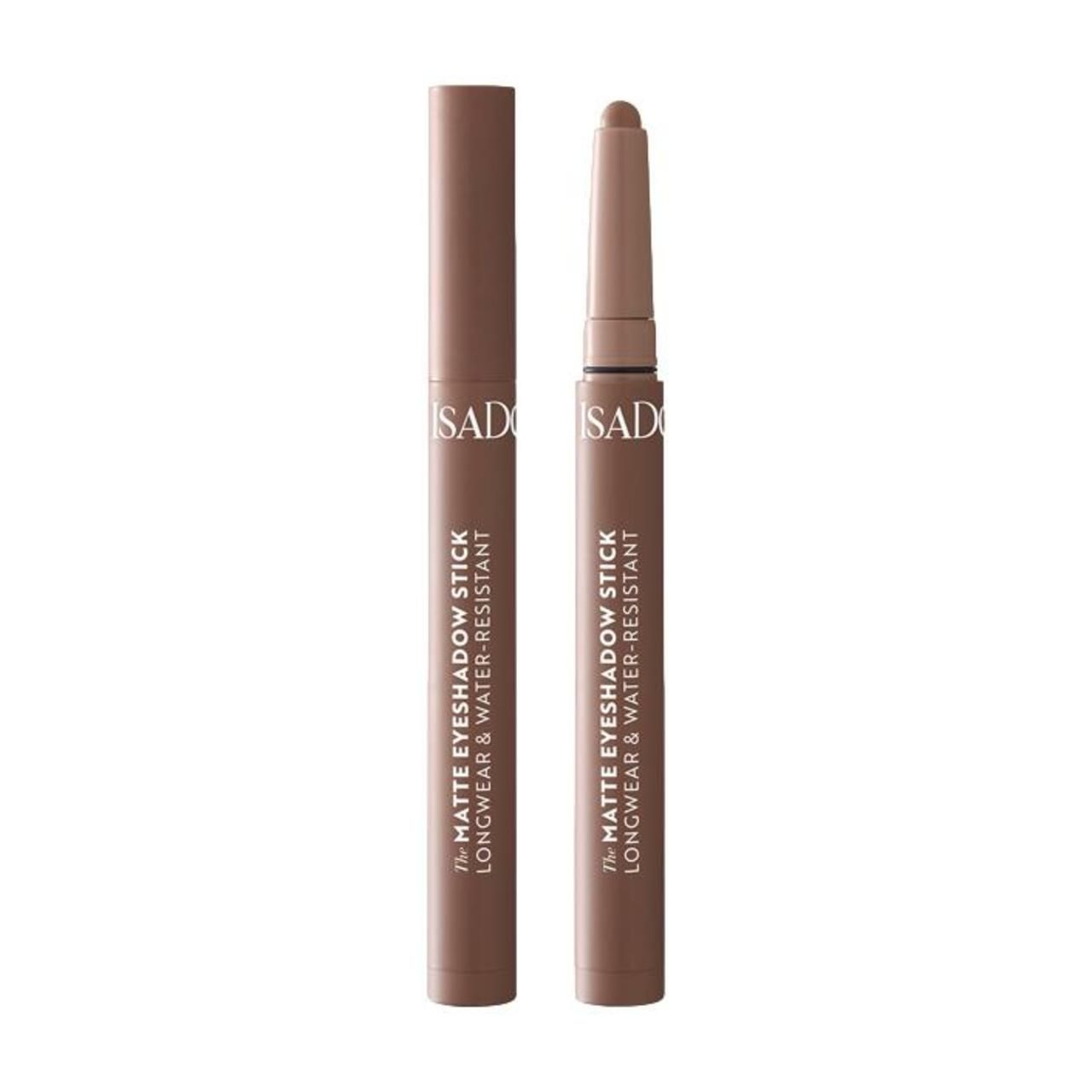 Zwei braune IsaDora The Matte Eyeshadow Stick. Einer ist geöffnet. Text: LONGWEAR & WATER-RESISTANT.