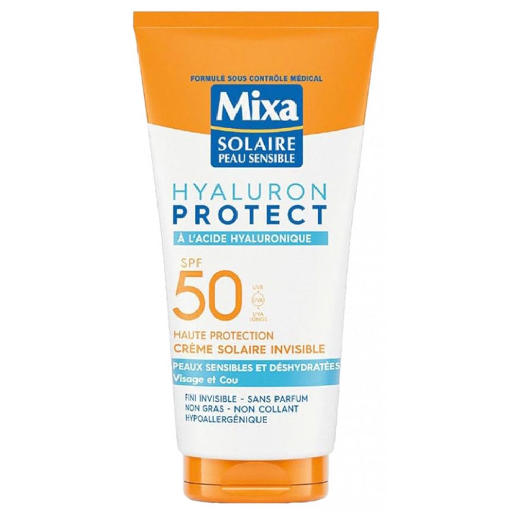 Sonnencreme-Tube mit Mixa-Logo und SPF 50. Text: Hyaluron Protect, für empfindliche Haut. Orange und weiße Verpackung.