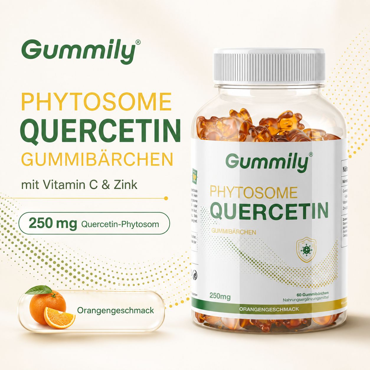 Gummily Phytosome Quercetin Gummibärchen mit Vitamin C & Zink, 250 mg Quercetin-Phytosom, Orangengeschmack.
