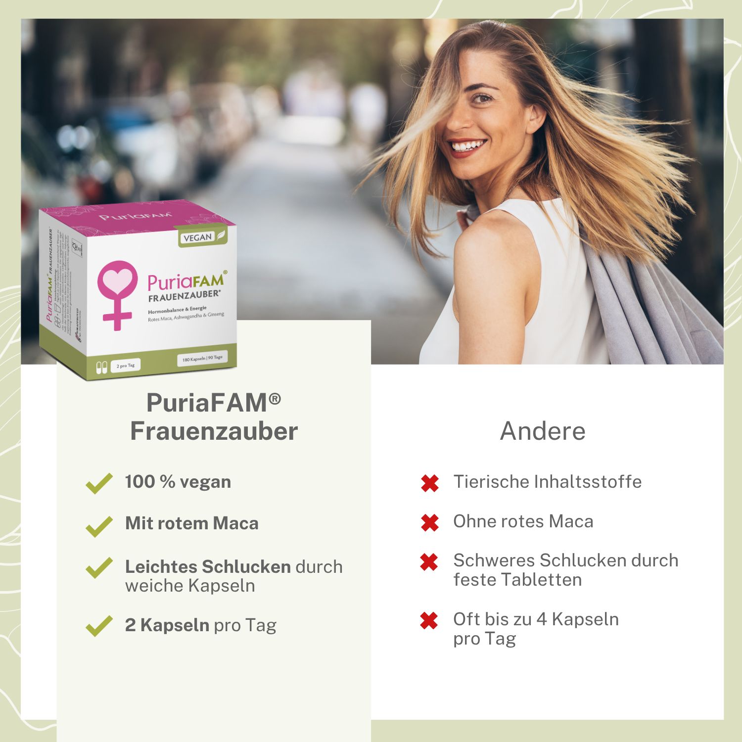Vergleich von PuriaFAM Frauenzauber und anderen Produkten. Produktverpackung, Vorteile und Nachteile.