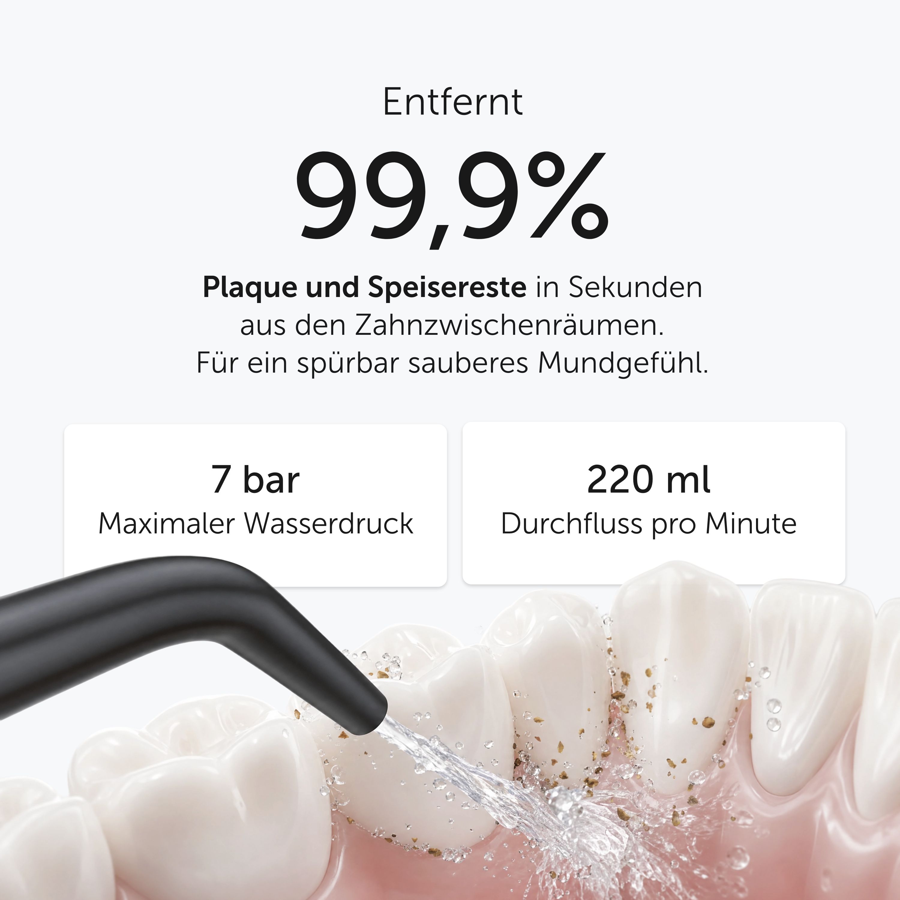 Munddusche entfernt 99,9% Plaque. 7 bar Wasserdruck, 220 ml/min Durchfluss.