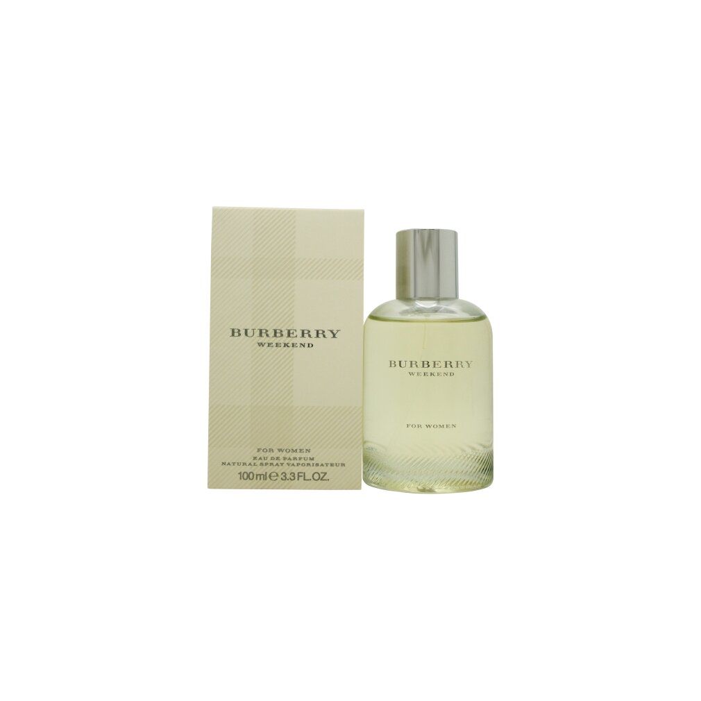 Parfümflasche und Verpackung. Aufschrift: Burberry Weekend. Flasche mit silbernem Deckel. Beige Verpackung mit Karomuster.
