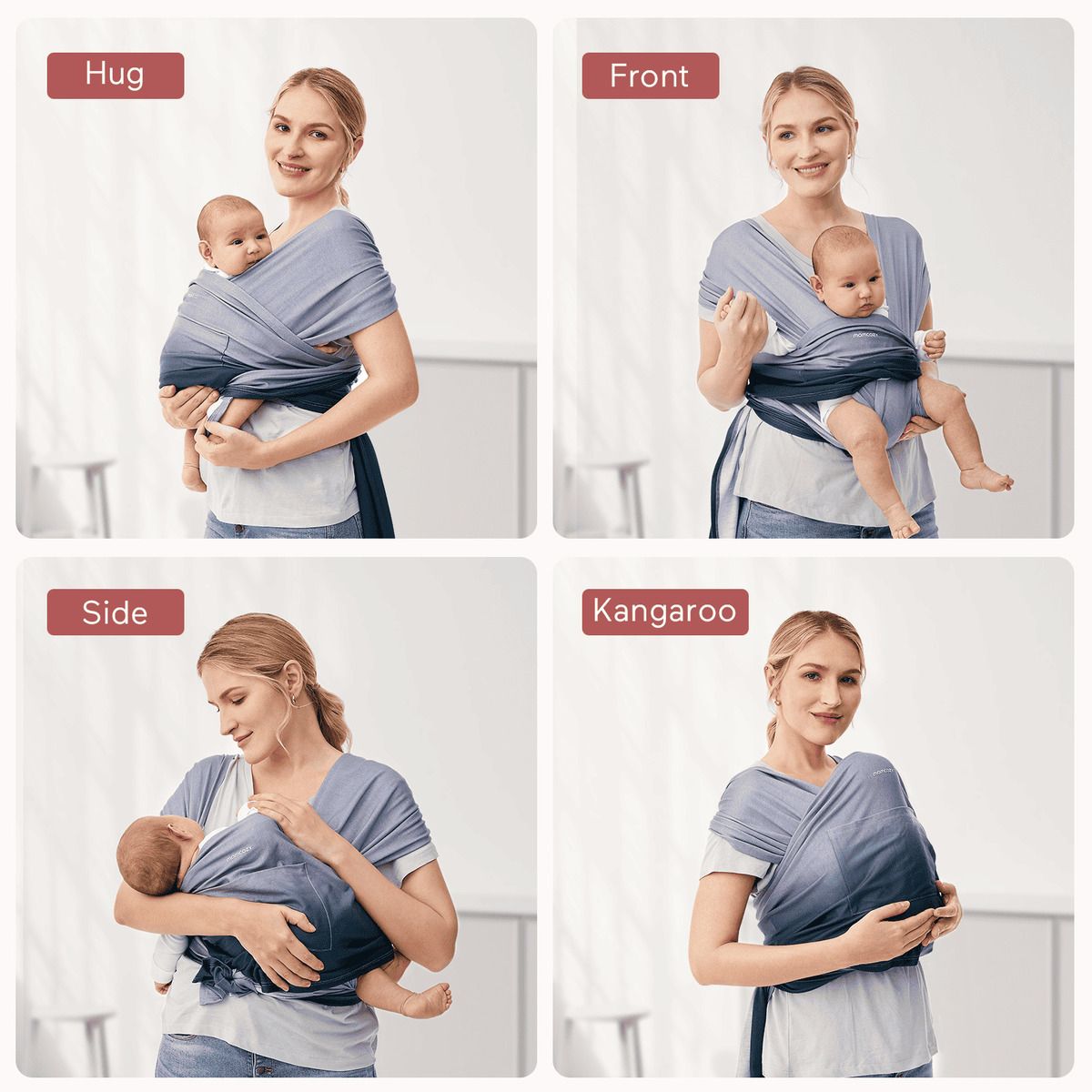 Momcozy-Tragetuch, blau-grau. Vier Ansichten: Umarmung, vorne, Seite, Känguru. Frau mit Baby in verschiedenen Positionen.