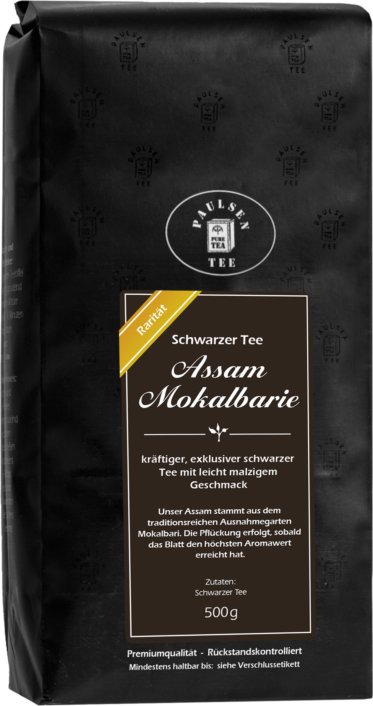 Schwarzer Tee Assam Mokalbarie in schwarzer Verpackung. Mit Logo und Text. 500g.