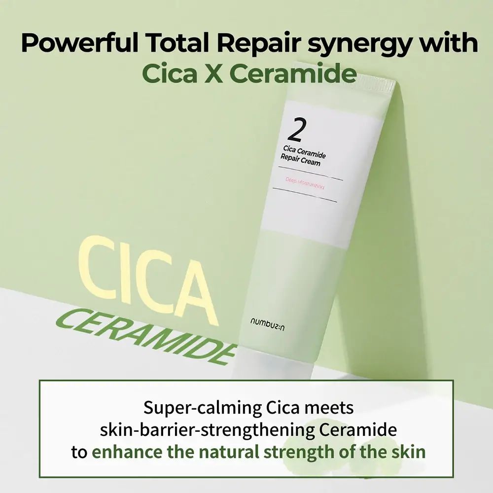Tube mit Text: "2 Cica Ceramide Repair Cream". Text auf grünem Hintergrund: "CICA CERAMIDE". Marke: numbuz:n. Zusätzlicher Text.