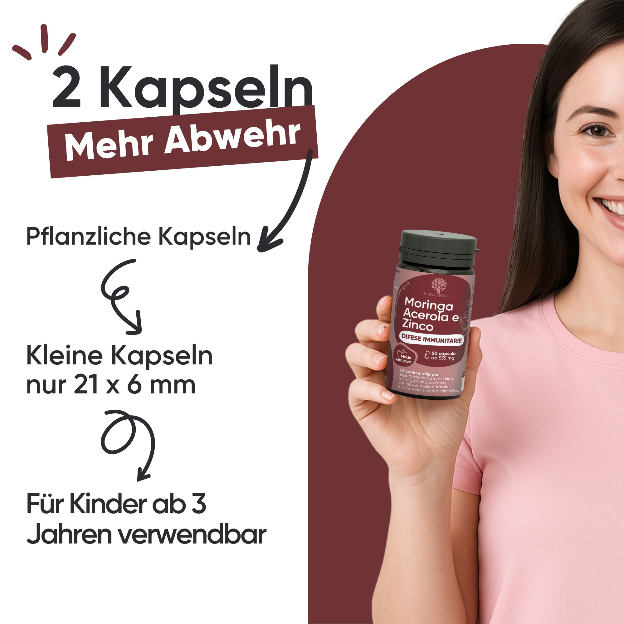 Frau hält eine Flasche mit Kapseln. Kleine pflanzliche Kapseln, 21x6 mm.