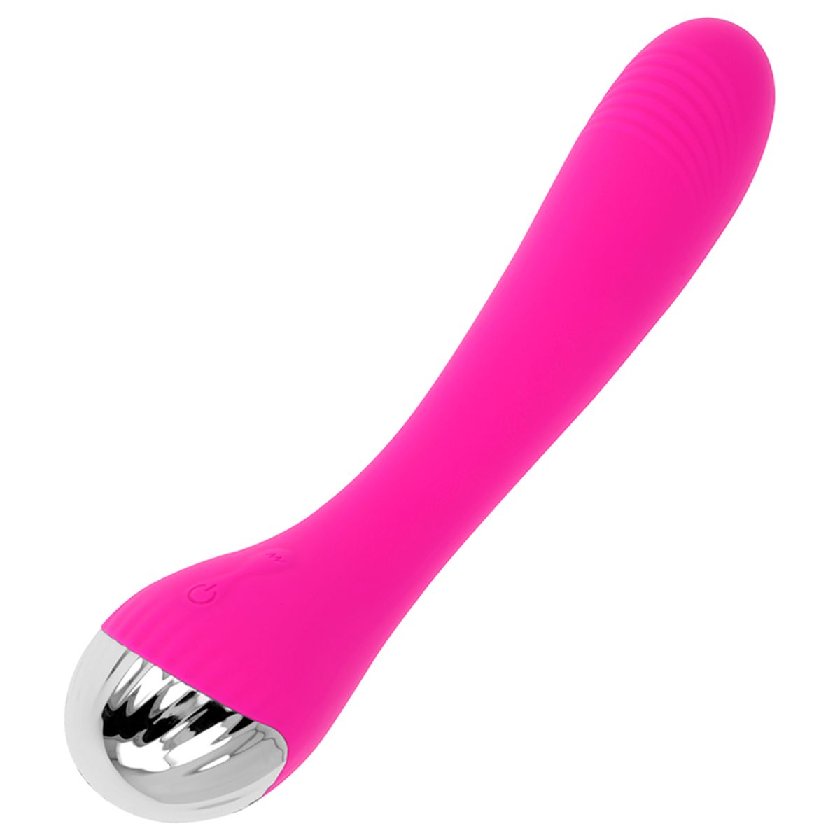 Pinkfarbener Vibrator mit silberfarbenem Kopf. Gebogene Form, Power-Symbol.