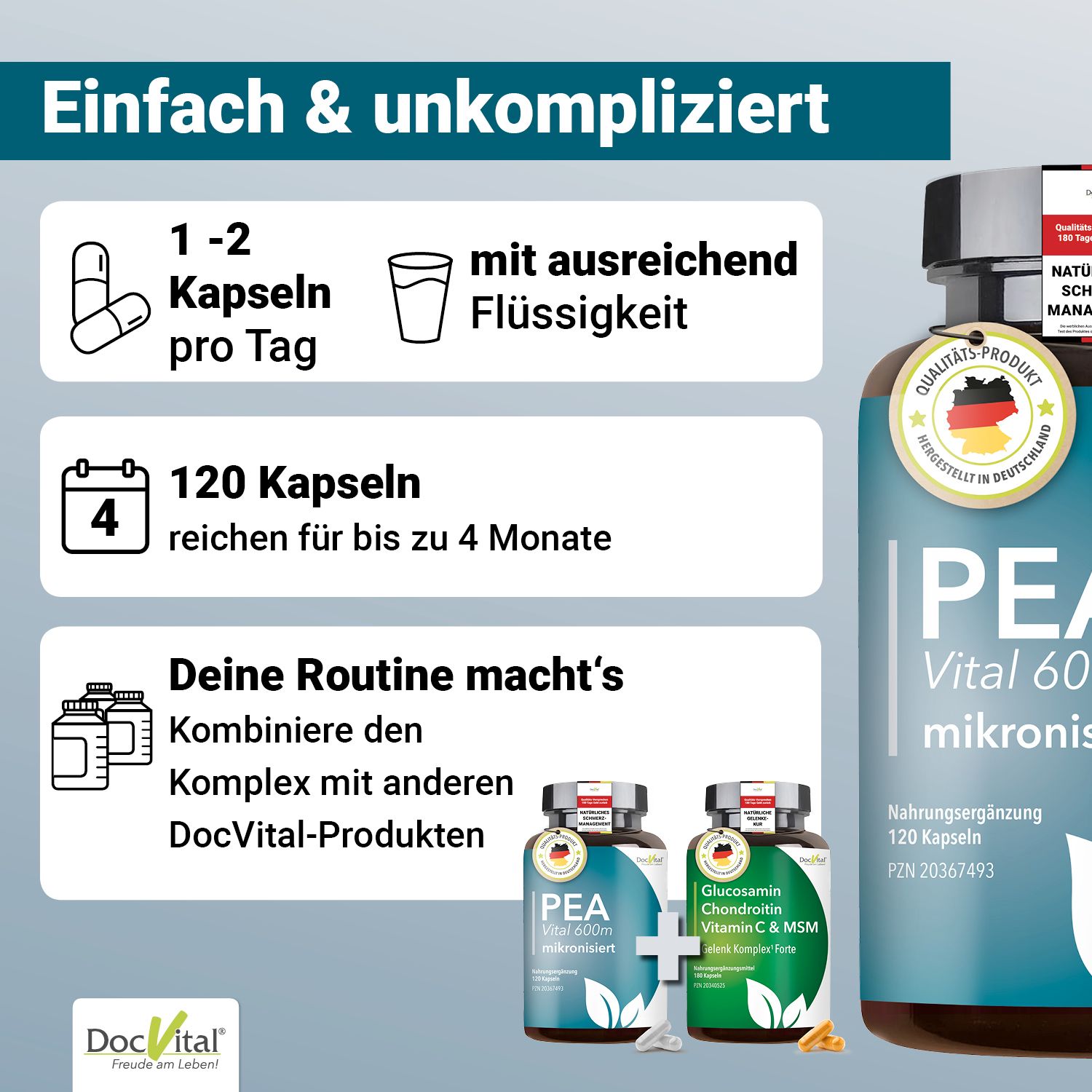 Grafik: 1-2 Kapseln pro Tag, 120 Kapseln, Kombiniere mit anderen DocVital-Produkten. Flasche PEA Vital 600m, 120 Kapseln.