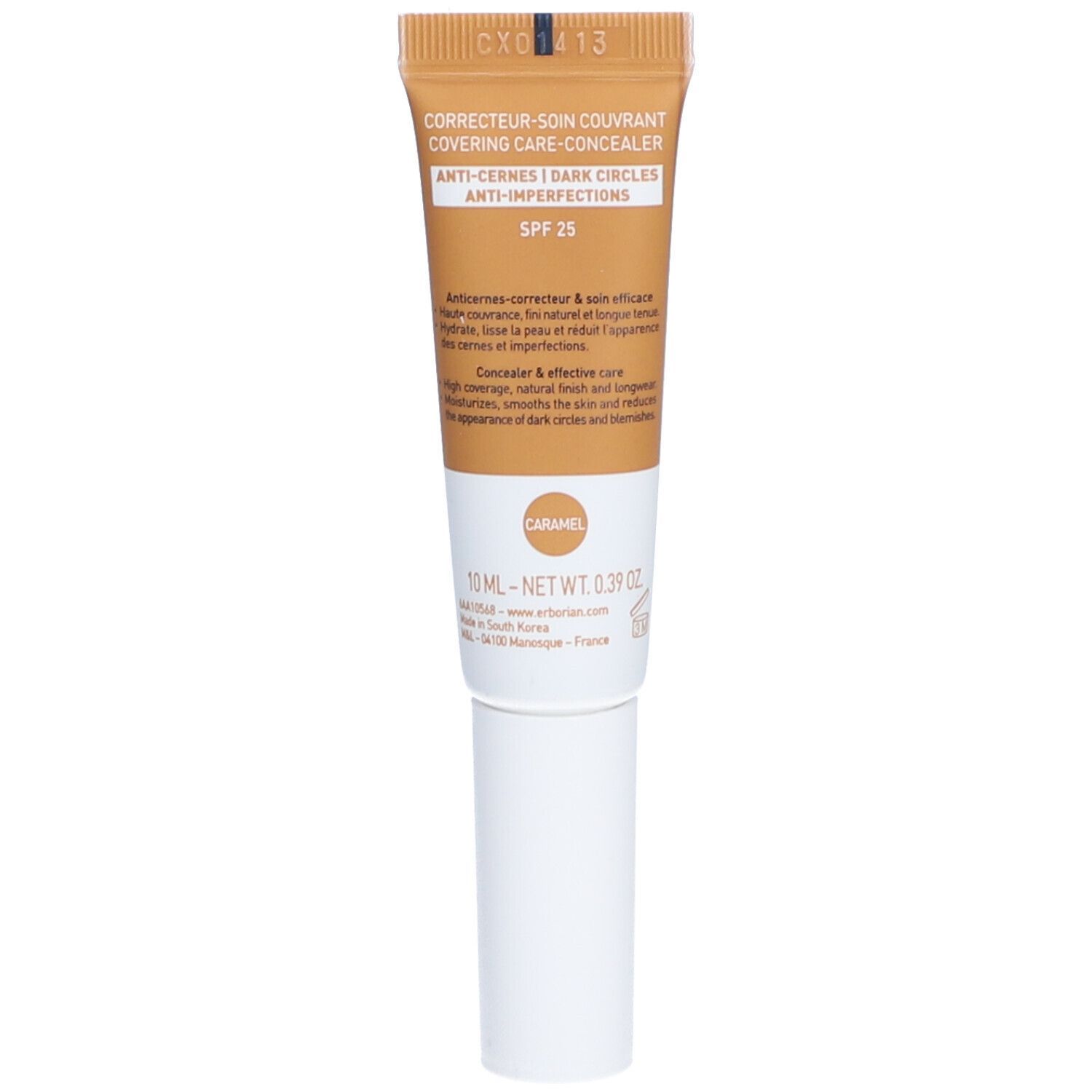 Tube mit Aufschrift: SUPER BB CONCEALER, KARAMELL. Enthält SPF 25. Marke: Erborian.