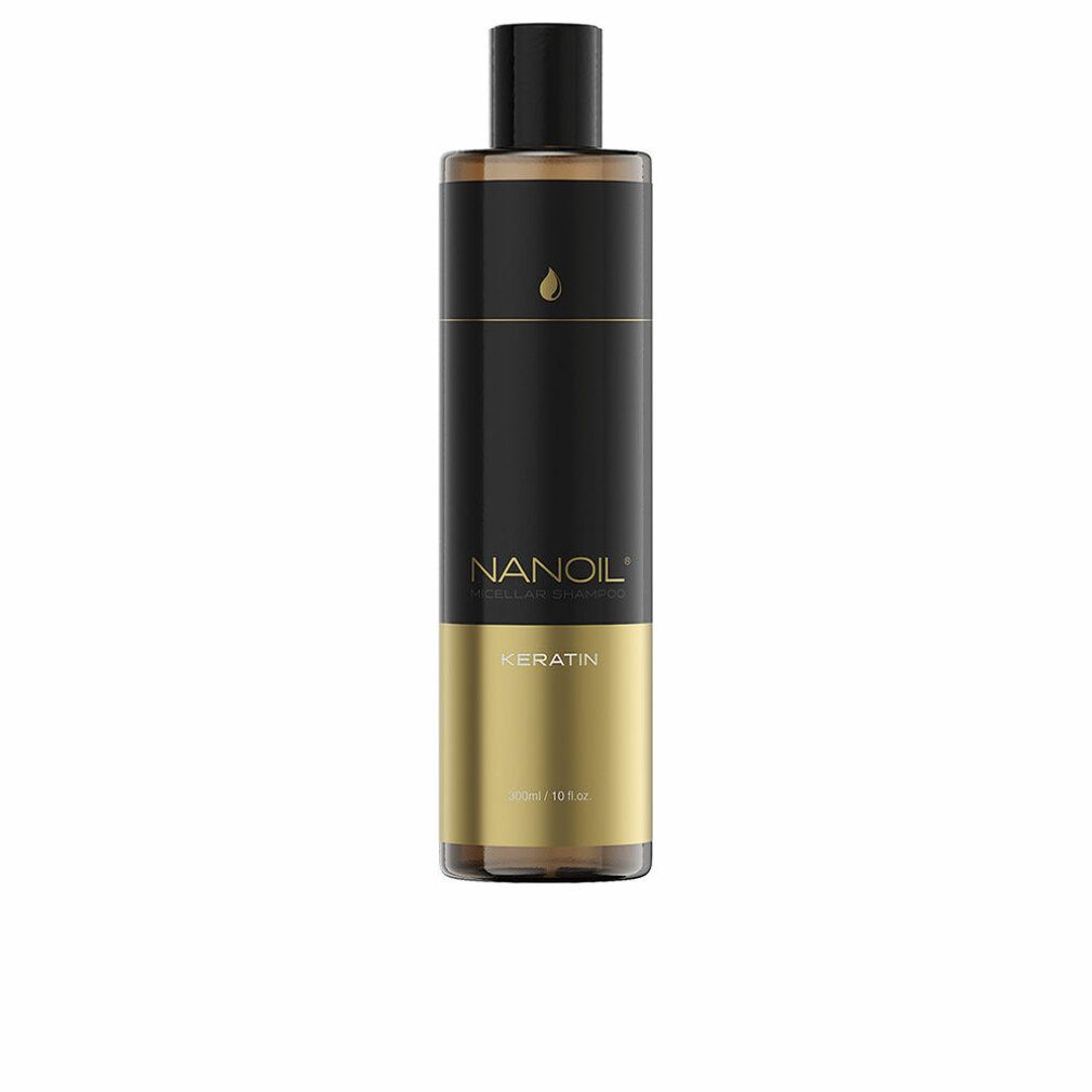 Schwarze Flasche mit goldener Basis. Aufschrift: NANOIL, Keratin Mizellen Shampoo.