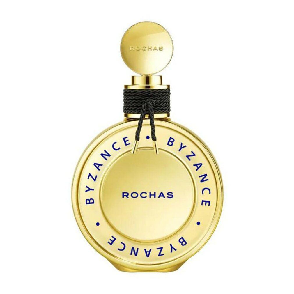Goldene Rochas Byzance Flasche mit schwarzem Band und runder Kappe.