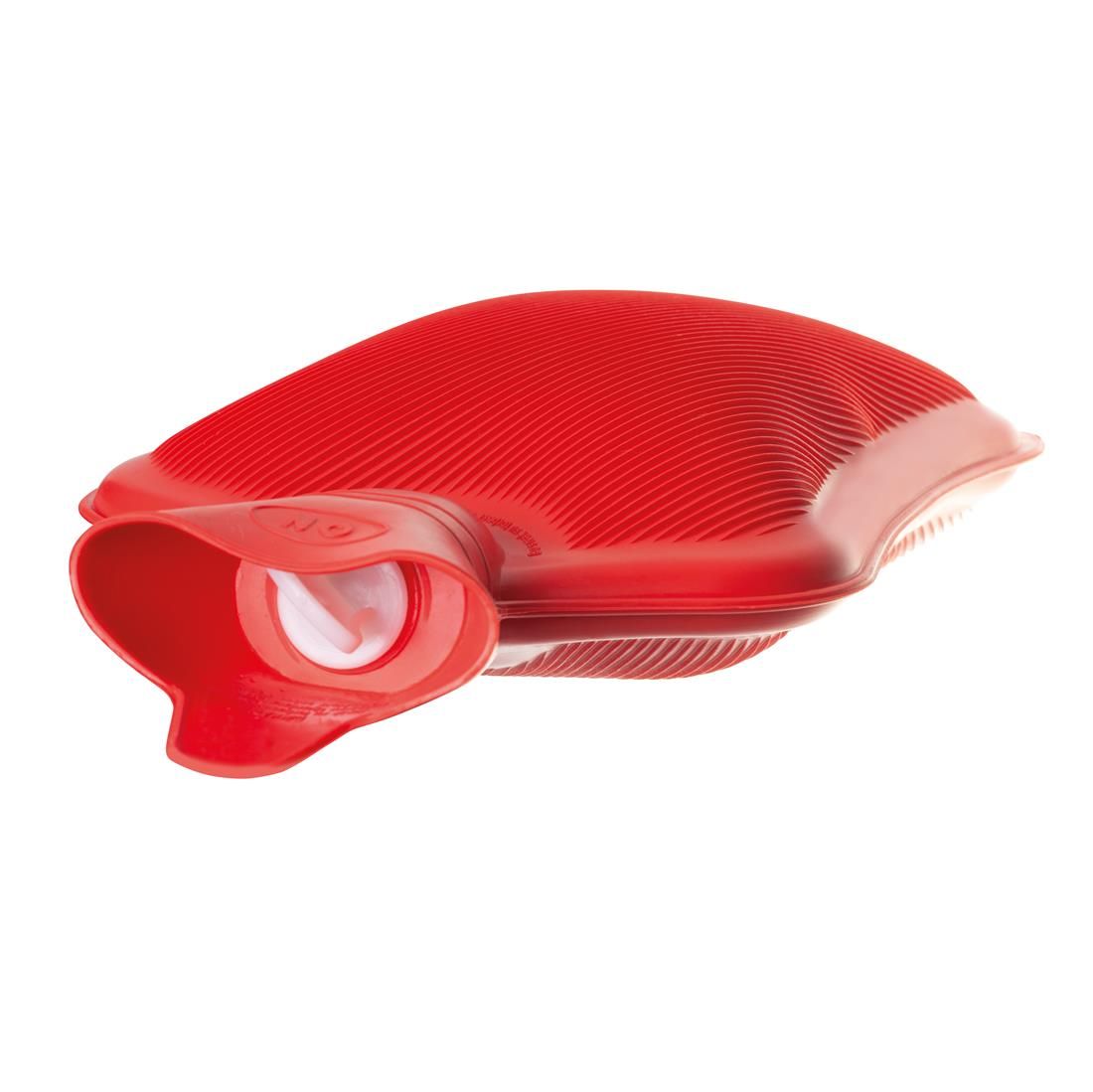 Rote Wärmflasche, länglich, mit geriffelter Oberfläche. Sichtbarer Verschluss. Seitliche Ansicht.
