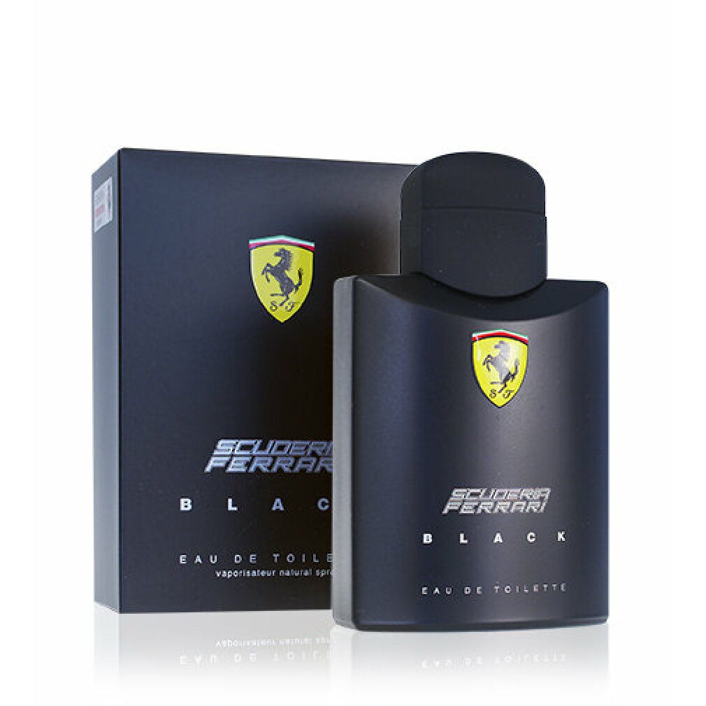 Schwarze Verpackung und Flakon. Scuderia Ferrari Black Eau de Toilette. Gelbes Logo. 125 ml.