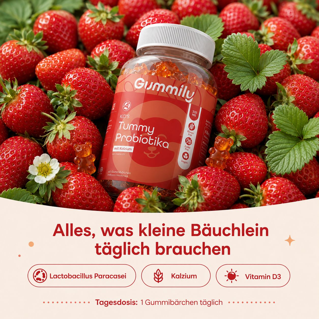 Gummily Kinder Tummy Probiotika Flasche inmitten frischer Erdbeeren. Mit Lactobacillus Paracasei, Kalzium, Vitamin D3.