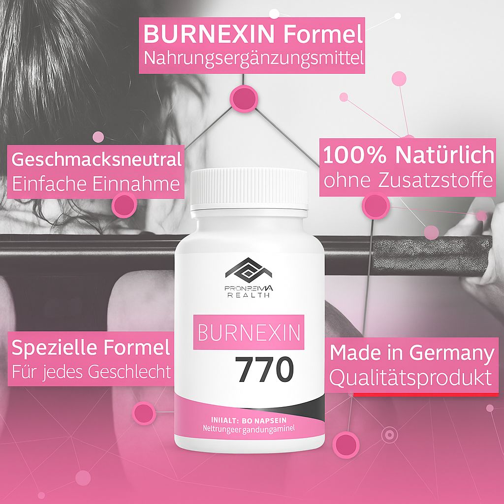 Weiße Flasche mit rosa Etikett. Aufschrift: BURNEXIN 770, Pharma Health Logo. Zusätzliche Textfelder.