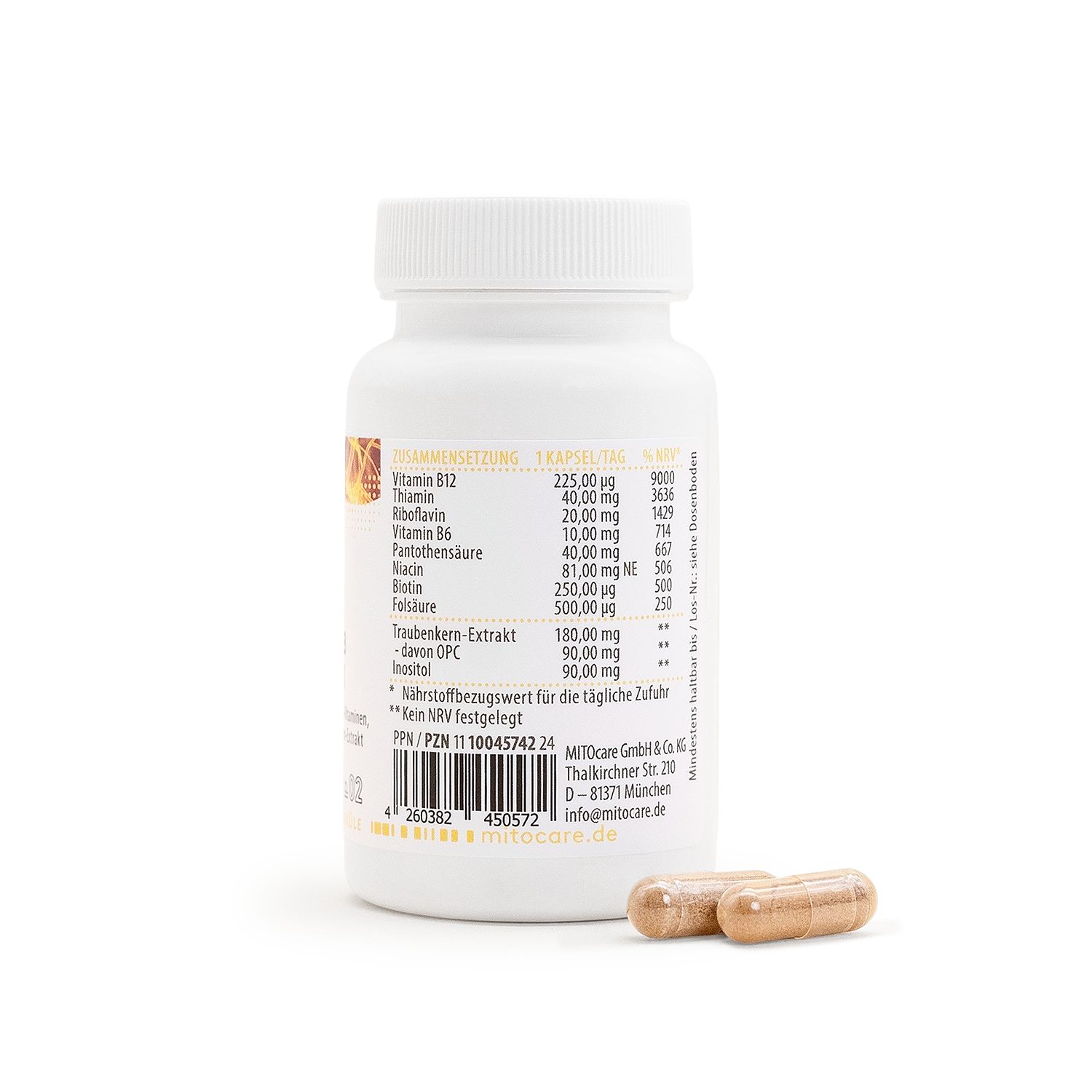 Rückseite einer weißen Dose MITOcare Vitamin B Komplex mit Nährwertangaben und Barcode.