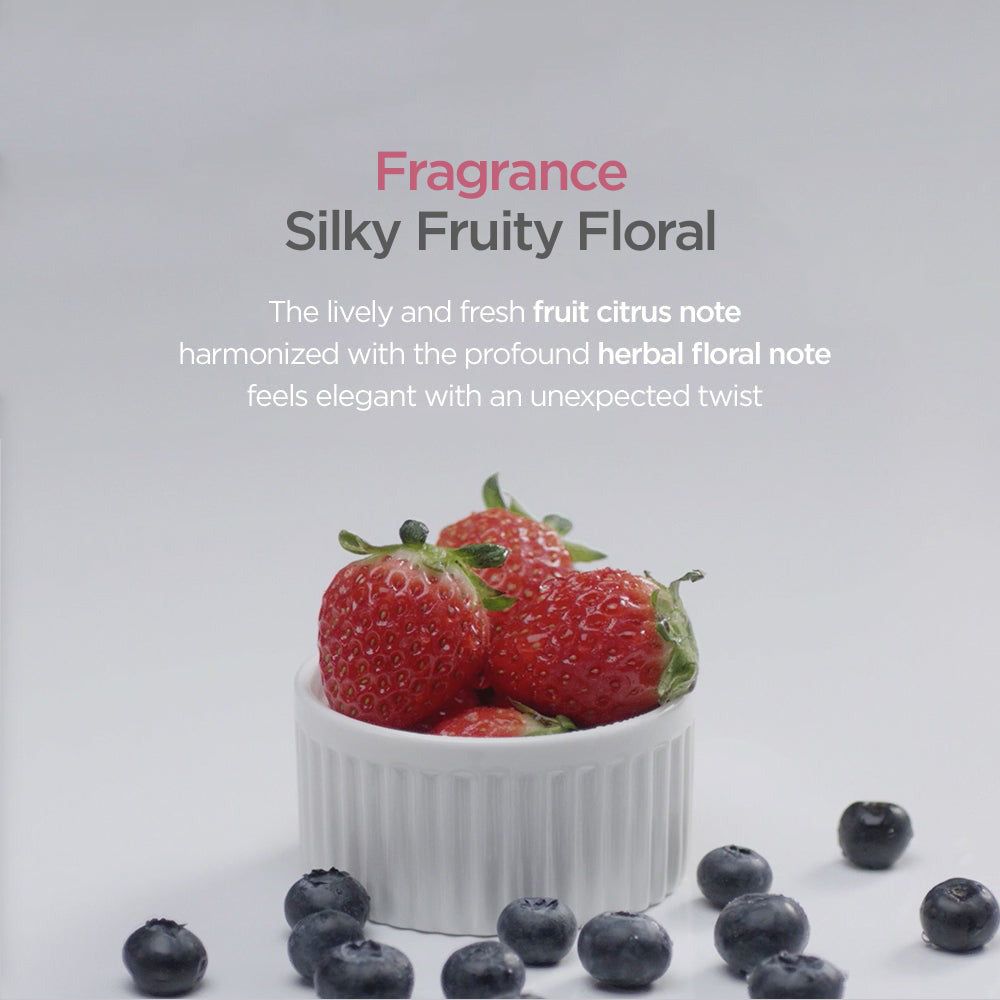 Weiße Schale mit Erdbeeren und Blaubeeren. Text: Silky Fruity Floral. Beschreibung der Duftnoten.