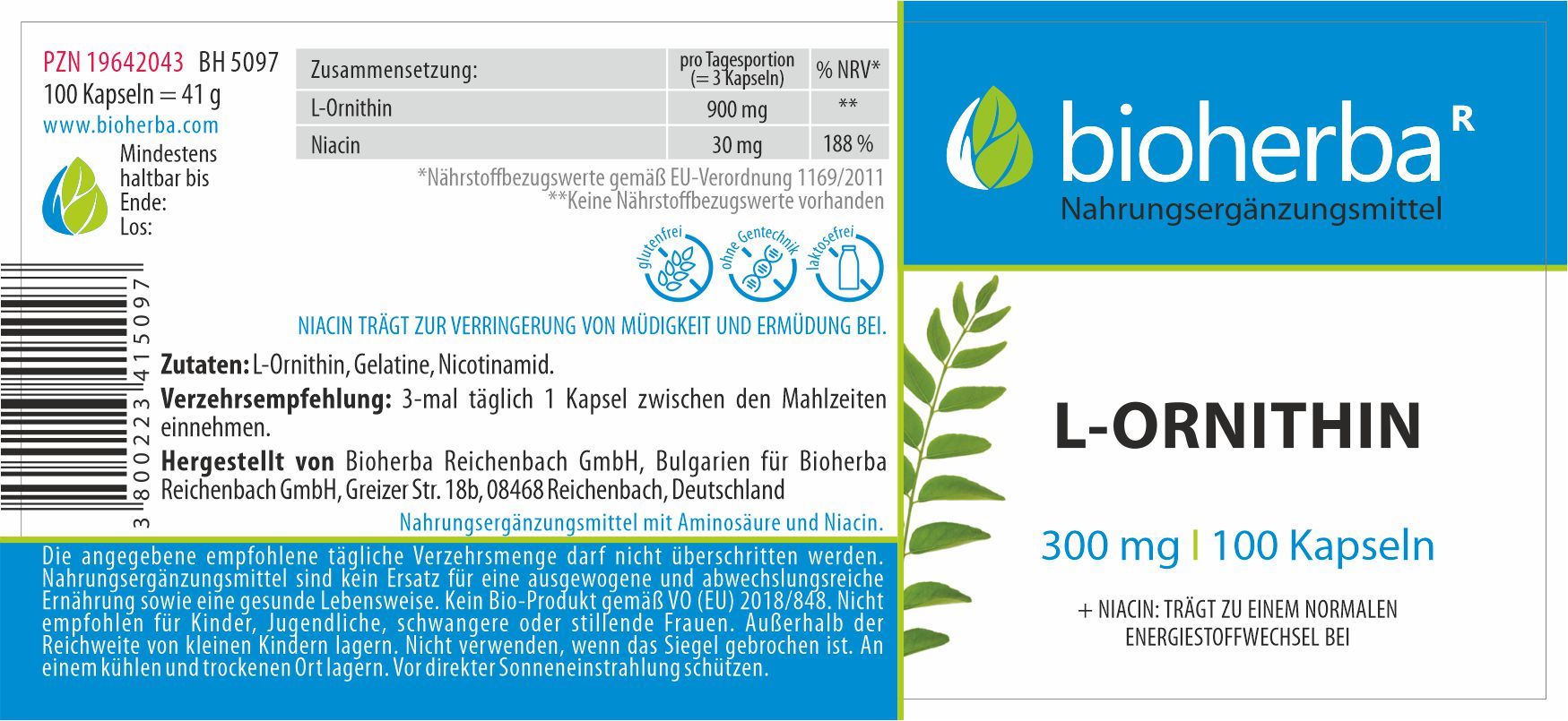 Rückseite der Bioherba L-Ornithin Kapseln Verpackung mit Zutatenliste und Dosierung.