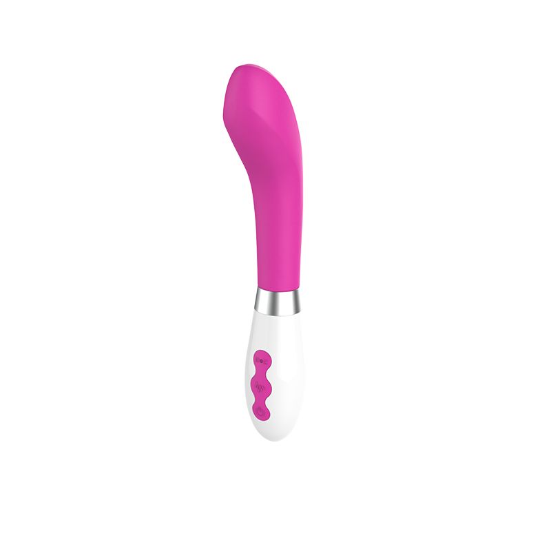 Pinkfarbener Vibrator mit weißem Griff und drei Knöpfen. Metallring zwischen Griff und Schaft. Gerade Ansicht.