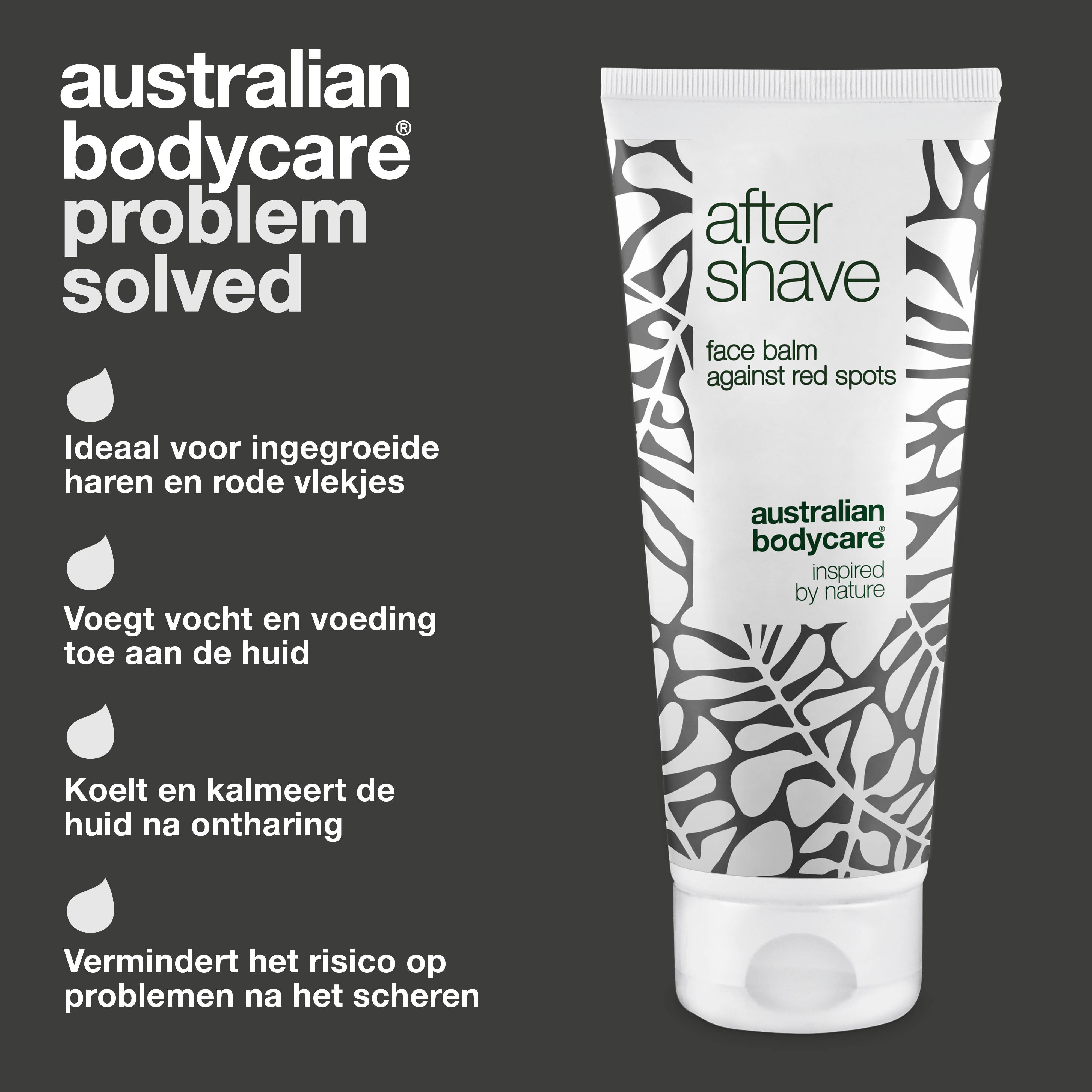 Product en druppel. Tekst: After Shave, face balm. Merk: Australian Bodycare. Extra teksten.