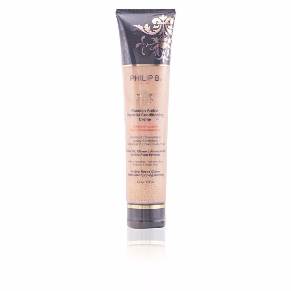 Beige Tube mit schwarzem Deckel und goldfarbenen Verzierungen. Text: PHILIP B, Russian Amber Imperial Conditioning Crème.