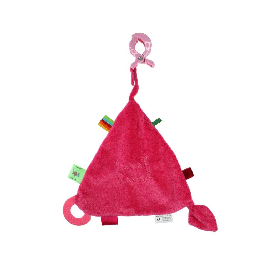 Rosa Knistertuch in Dreiecksform mit Clip. Aufgenähte Bänder und Ring. Aufschrift Label Label.