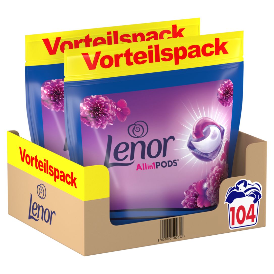 Zwei Lenor Allin1 PODS-Beutel in einem Karton. Aufschrift "Vorteilspack" und "104".