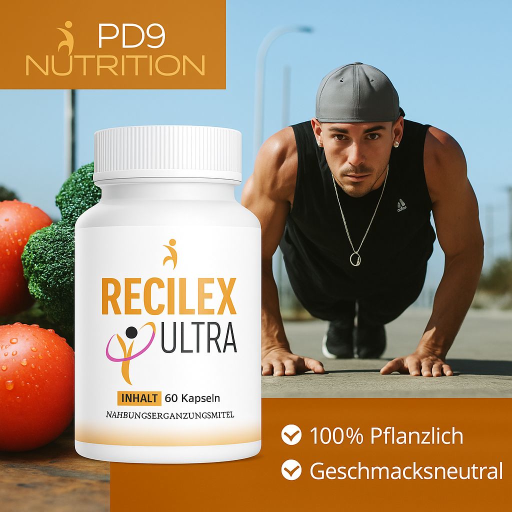 Weiße Kapsel-Dose mit RECILX ULTRA, PD9 Nutrition Logo. Text: 100% pflanzlich, geschmacksneutral. Mann beim Training.