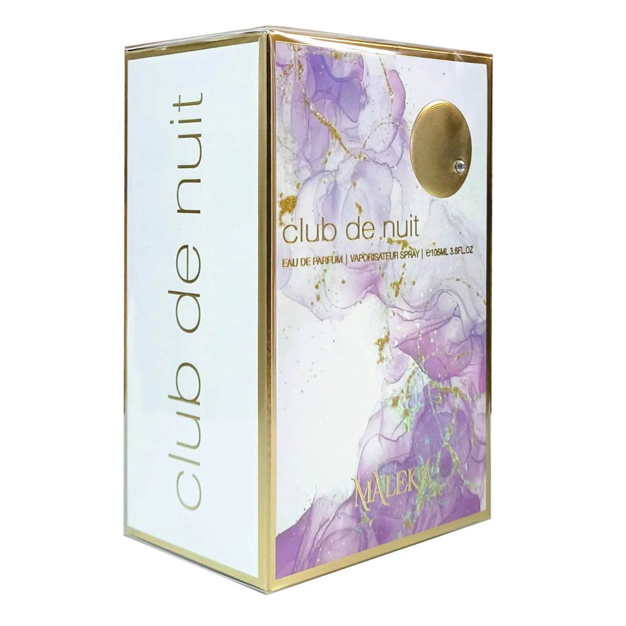 Weißer Karton mit goldfarbenen Akzenten. Aufschrift: Club de Nuit Maleka, Eau de Parfum.