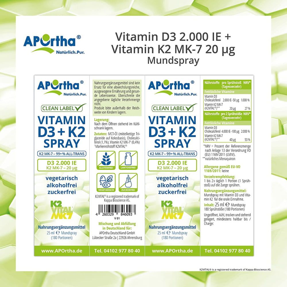 Nahaufnahme der Produktverpackung mit detaillierten Informationen. Aufschrift: Vitamin D3 + K2 Spray, 2.000 IE, 20 µg.